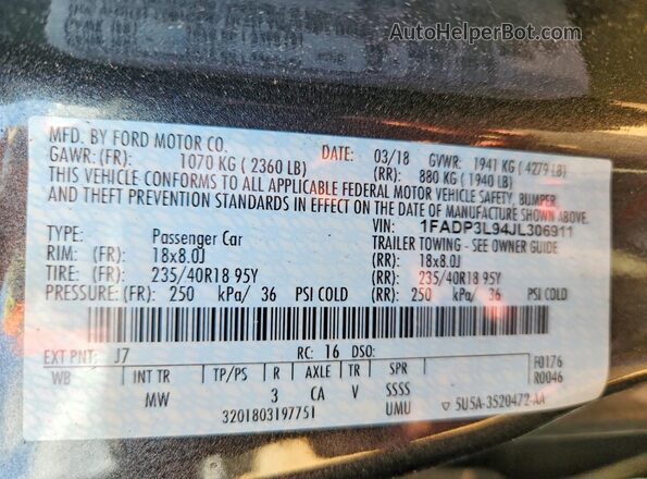 1FADP3L94JL306911 2018 FORD FOCUS Gray VIN կոդի պիտակի տեսք