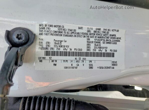 1FADP3L96GL229886 2016 FORD FOCUS White Vista de la etiqueta del VIN