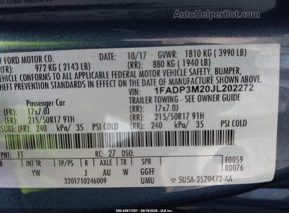 1FADP3M20JL202272 2018 FORD FOCUS Синий Вид подкапотного пространства