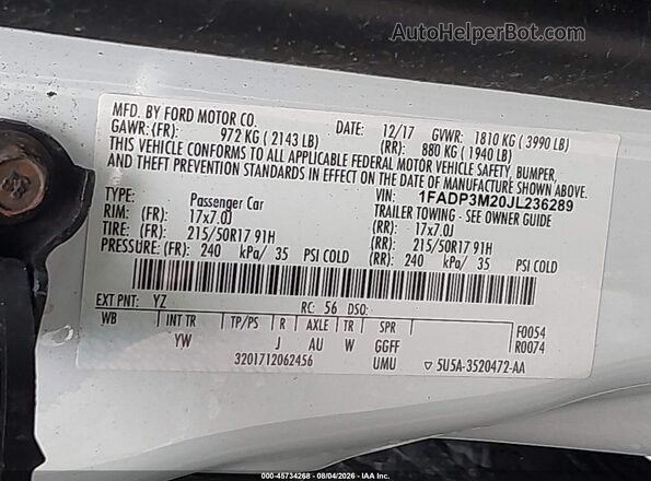 1FADP3M20JL236289 2018 FORD FOCUS Белый Вид подкапотного пространства