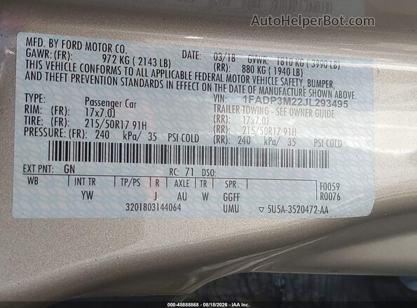 1FADP3M22JL293495 2018 FORD FOCUS Gold Вид підкапотного простору