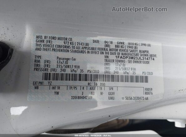 1FADP3M23JL314774 2018 FORD FOCUS White Вид підкапотного простору