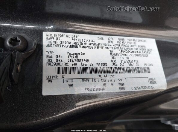 1FADP3M2XJL243637 2018 FORD FOCUS Gray Вид підкапотного простору