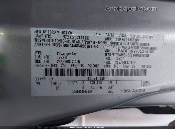 1FADP3N26JL314105 2018 FORD FOCUS Silver ძრავის განყოფილების ხედი