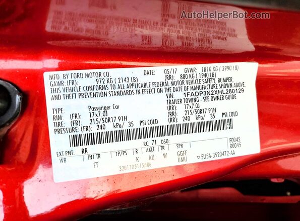 1FADP3N2XHL280129 2017 FORD FOCUS Red VIN sticker view