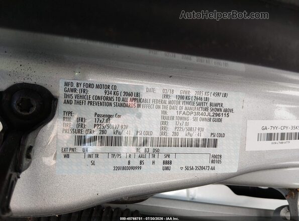 1FADP3R40JL296115 2018 FORD FOCUS ELECTRIC Silver Вид підкапотного простору