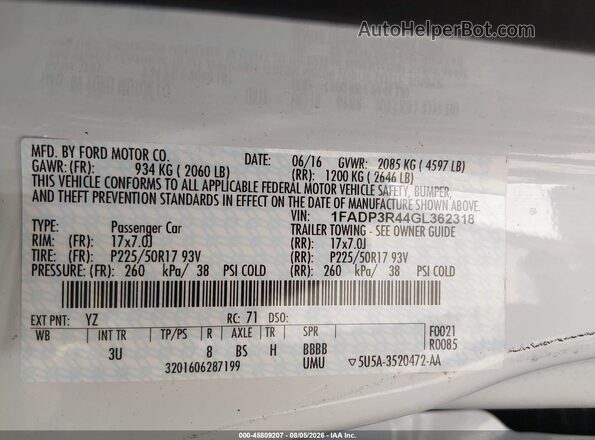 1FADP3R44GL362318 2016 FORD FOCUS ELECTRIC White Շարժիչի բաժամունքի տեսք