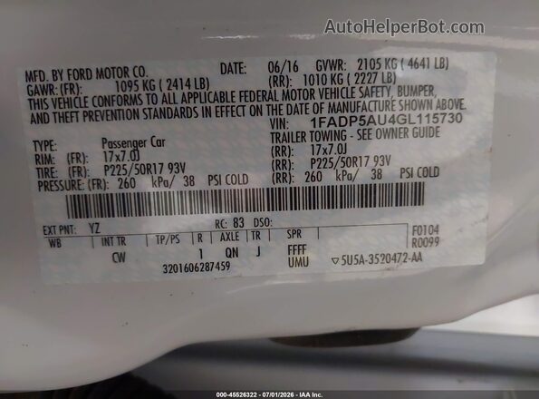 1FADP5AU4GL115730 2016 FORD C-MAX HYBRID White Շարժիչի բաժամունքի տեսք