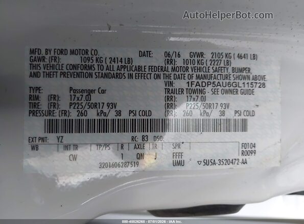 1FADP5AU6GL115728 2016 FORD C-MAX HYBRID White Вид підкапотного простору
