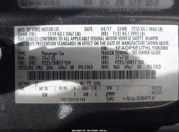 1FADP5EU7HL108380 2017 FORD C-MAX ENERGI Gray Widok komory silnika