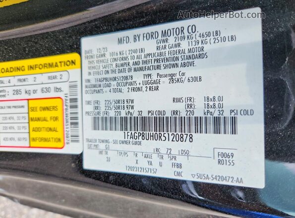 1FAGP8UH0R5120878 2024 FORD MUSTANG Черный Вид наклейки с VIN-кодом