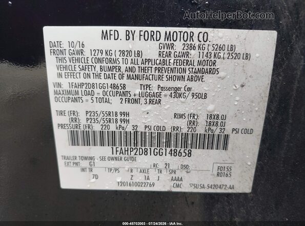 1FAHP2D81GG148658 2016 FORD TAURUS Черный Вид подкапотного пространства
