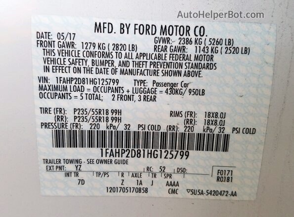 1FAHP2D81HG125799 2017 FORD TAURUS White უკანა სავარძლების ხედი