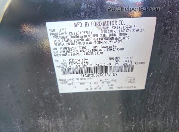 1FAHP2D82GG157109 2016 FORD TAURUS Black Widok naklejki z numerem VIN