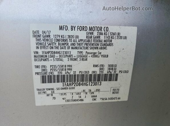 1FAHP2D84HG123013 2017 FORD TAURUS Silver Вид підкапотного простору