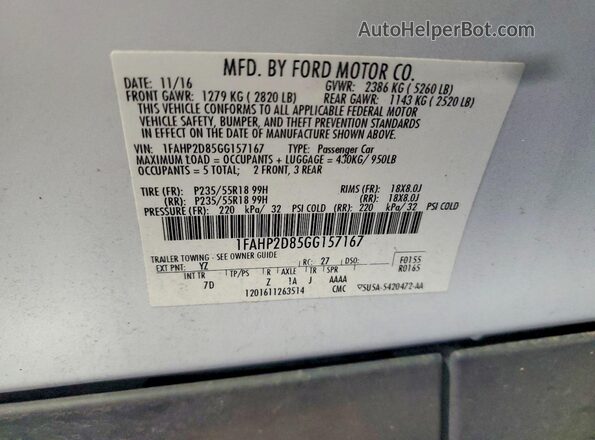 1FAHP2D85GG157167 2016 FORD TAURUS Белый Вид наклейки с VIN-кодом