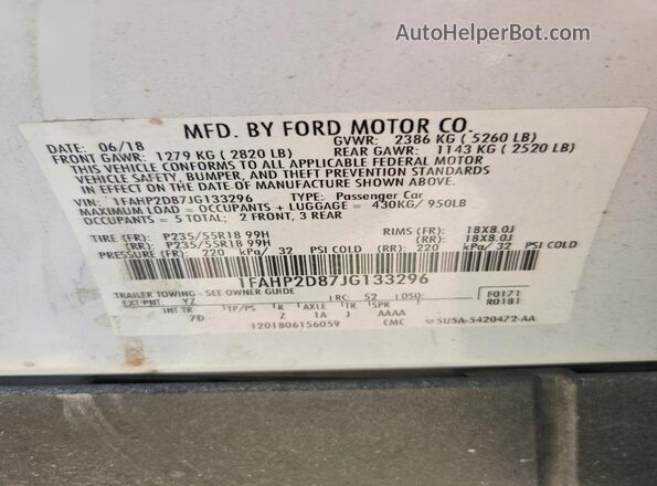 1FAHP2D87JG133296 2018 FORD TAURUS White Widok komory silnika
