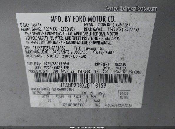 1FAHP2D8XJG118159 2018 FORD TAURUS Silver Engine compartment view