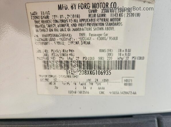 1FAHP2D8XKG106935 2019 FORD TAURUS White ძრავის განყოფილების ხედი