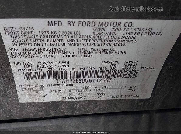 1FAHP2E80GG142557 2016 FORD TAURUS Серый Вид подкапотного пространства
