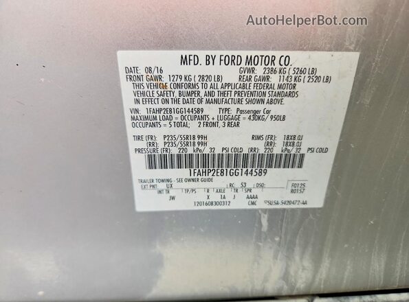 1FAHP2E81GG144589 2016 FORD TAURUS Silver Շարժիչի բաժամունքի տեսք