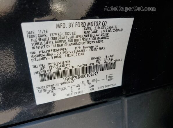 1FAHP2E84KG109697 2019 FORD TAURUS Black Вид наклейки з VIN-кодом
