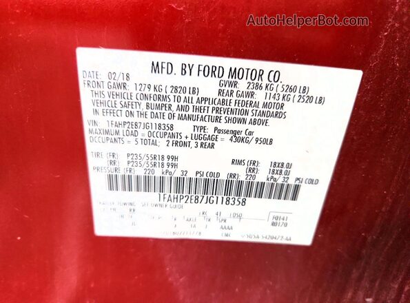 1FAHP2E87JG118358 2018 FORD TAURUS Красный Вид подкапотного пространства
