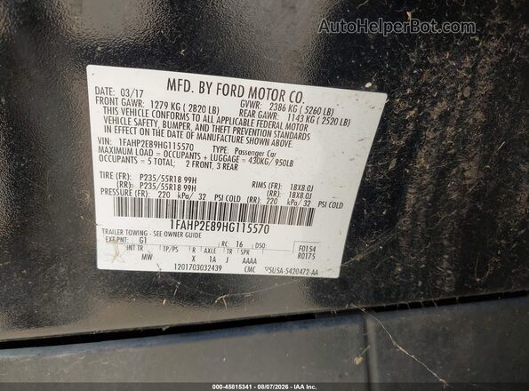 1FAHP2E89HG115570 2017 FORD TAURUS Black Vista del compartimento del motor