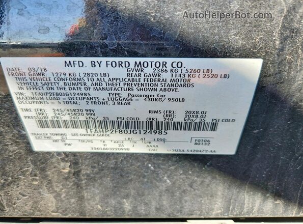 1FAHP2F80JG124985 2018 FORD TAURUS Black Widok komory silnika