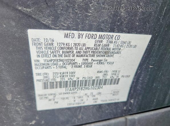 1FAHP2F82HG102304 2017 FORD TAURUS Gray VIN კოდის სტიკერის ხედი