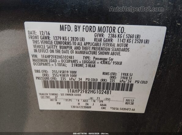 1FAHP2F82HG102481 2017 FORD TAURUS Gray Շարժիչի բաժամունքի տեսք