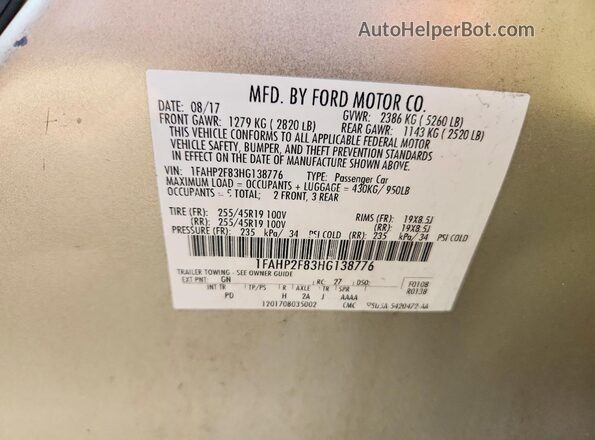 1FAHP2F83HG138776 2017 FORD TAURUS Tan Vista del compartimento del motor