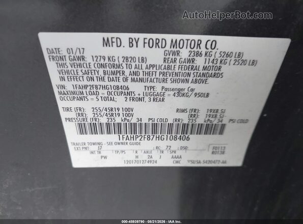 1FAHP2F87HG108406 2017 FORD TAURUS Gray Vista del compartimento del motor