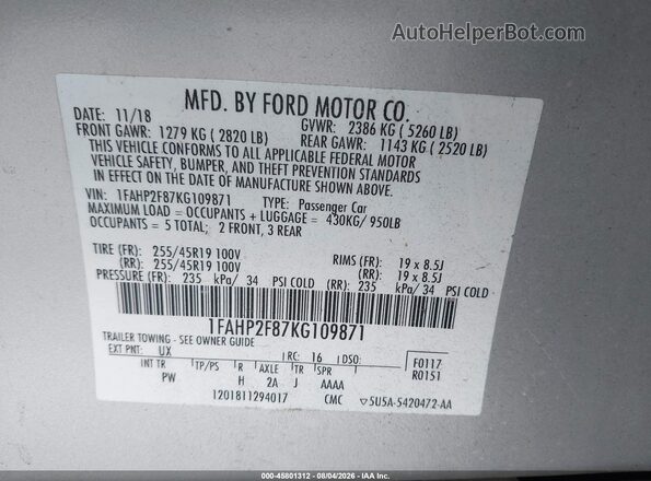 1FAHP2F87KG109871 2019 FORD TAURUS Серебряный Вид подкапотного пространства