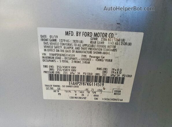 1FAHP2F87KG114519 2019 FORD TAURUS Silver ძრავის განყოფილების ხედი
