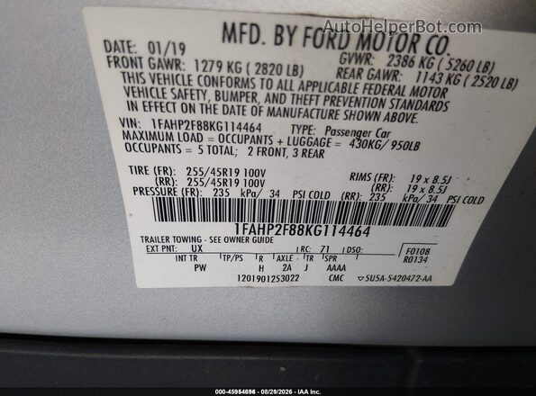 1FAHP2F88KG114464 2019 FORD TAURUS Silver Շարժիչի բաժամունքի տեսք