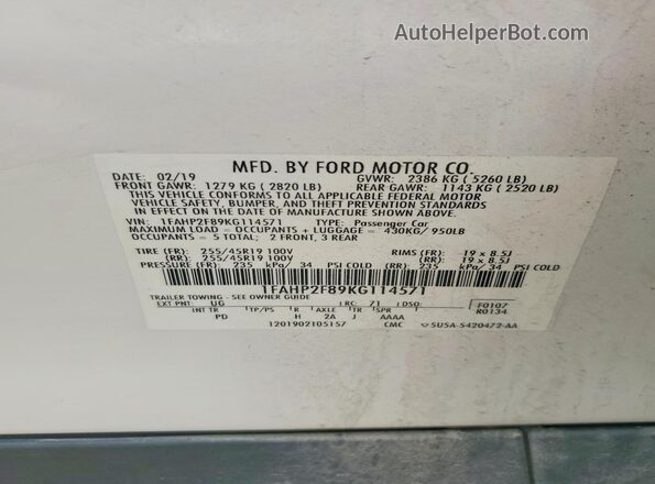 1FAHP2F89KG114571 2019 FORD TAURUS White Շարժիչի բաժամունքի տեսք