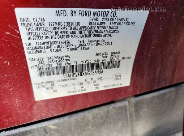 1FAHP2F8XGG136456 2016 FORD TAURUS Burgundy Widok komory silnika