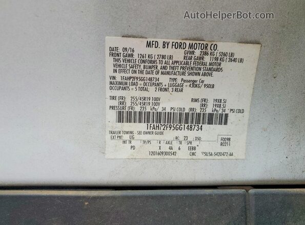 1FAHP2F95GG148734 2016 FORD TAURUS Белый Вид подкапотного пространства
