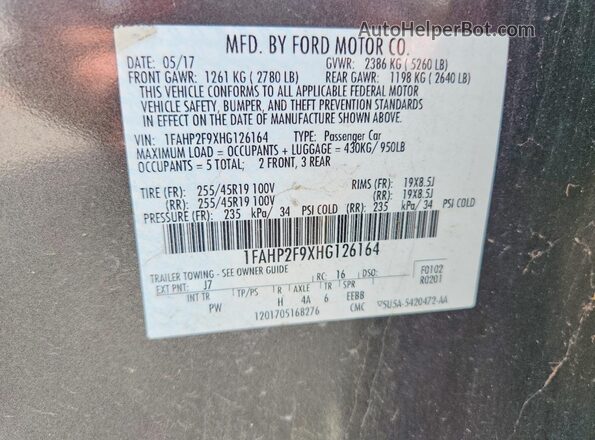 1FAHP2F9XHG126164 2017 FORD TAURUS Gray VIN կոդի պիտակի տեսք
