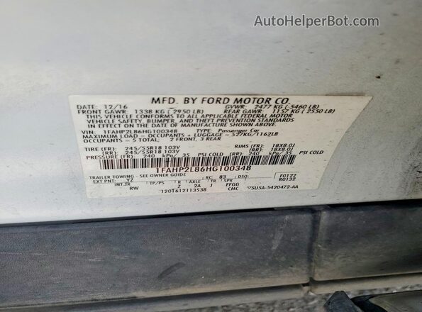 1FAHP2L86HG100348 2017 FORD TAURUS White 