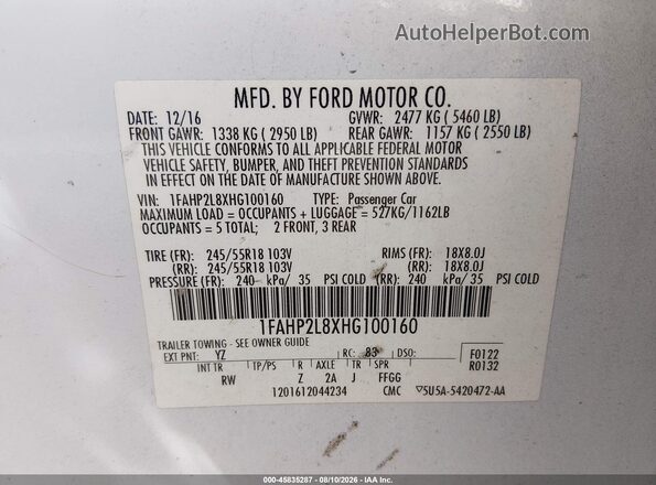 1FAHP2L8XHG100160 2017 FORD POLICE INTERCEPTOR White Вид підкапотного простору