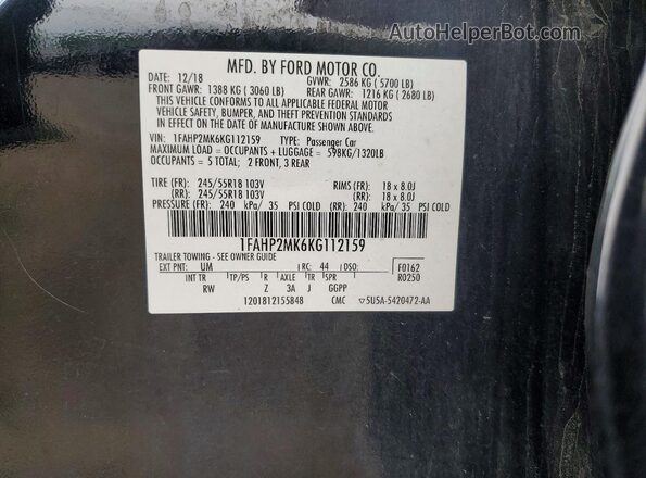 1FAHP2MK6KG112159 2019 FORD TAURUS Black Вид підкапотного простору