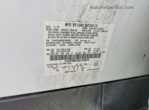 1FAHP2MKXKG108809 2019 FORD TAURUS White Շարժիչի բաժամունքի տեսք