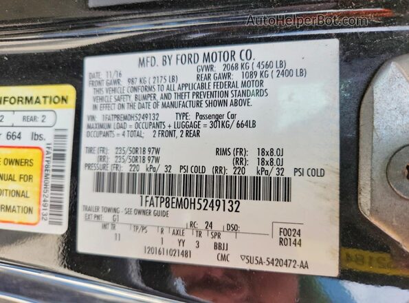 1FATP8EM0H5249132 2017 FORD MUSTANG Black Engine compartment view