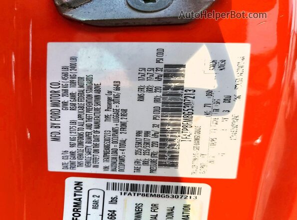 1FATP8EM8G5307213 2016 FORD MUSTANG Orange ძრავის განყოფილების ხედი
