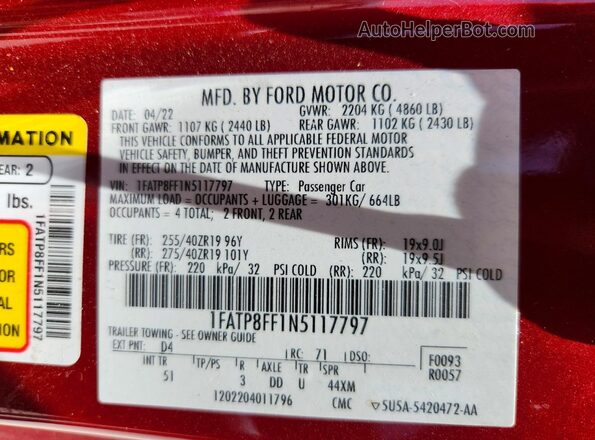 1FATP8FF1N5117797 2022 FORD MUSTANG Red Vista de la etiqueta del VIN