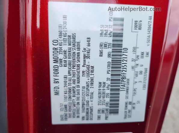 1FATP8FF2J5121710 2018 FORD MUSTANG Red Widok komory silnika