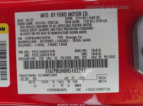 1FATP8UH0N5102292 2022 FORD MUSTANG Red Engine compartment view