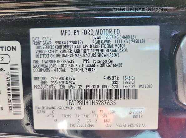 1FATP8UH1H5287635 2017 FORD MUSTANG Black VIN კოდის სტიკერის ხედი